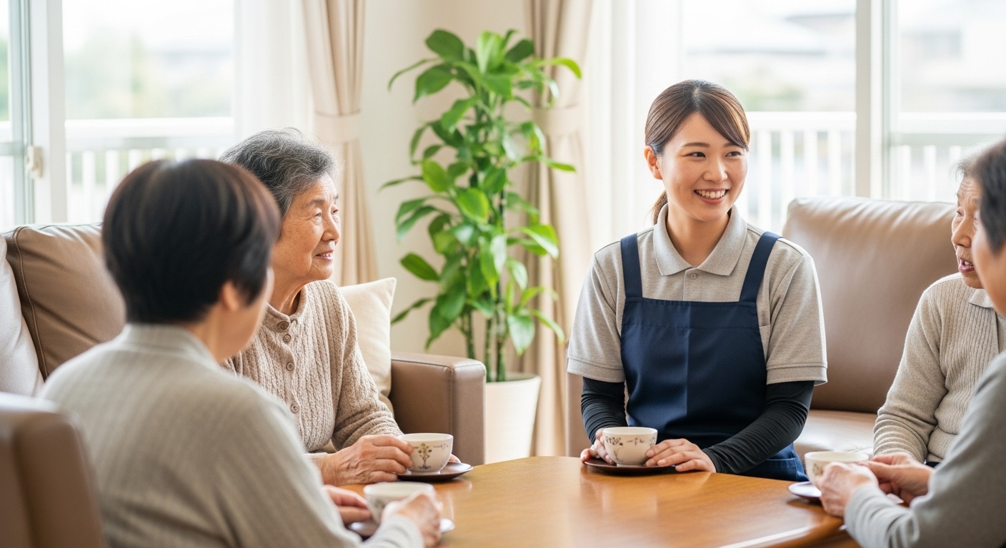 グループホームで入居者の方々とスタッフが談笑する様子